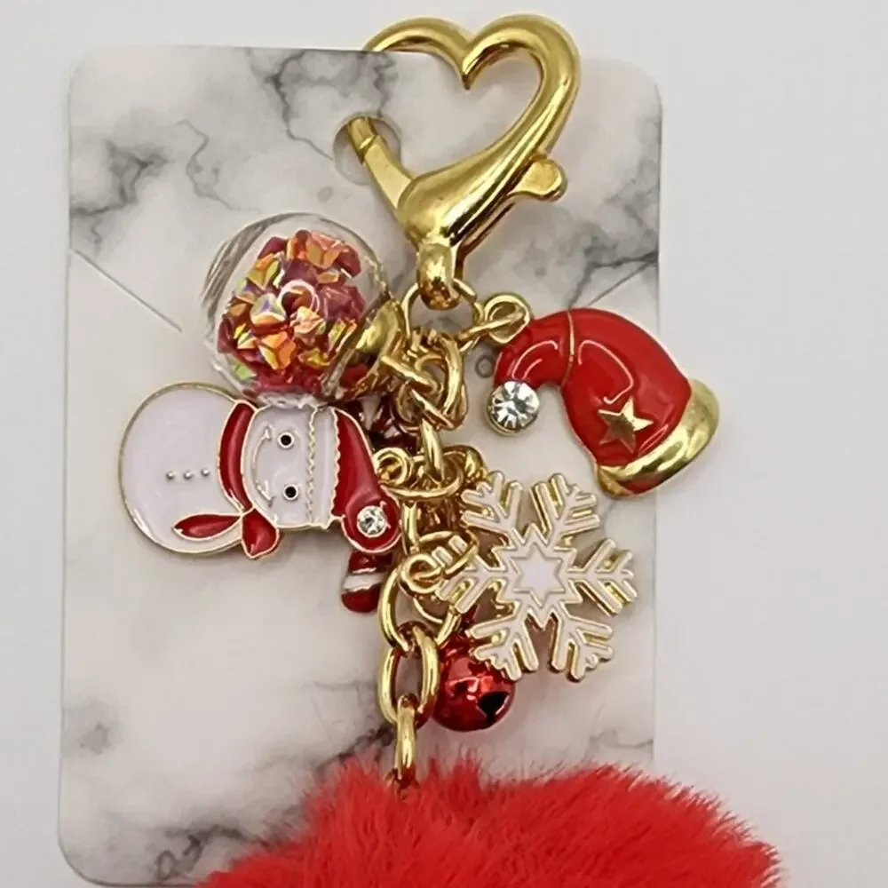 Red Pompom Christmas Keychain Bag Charm Snowman Santa Hat Snowflake